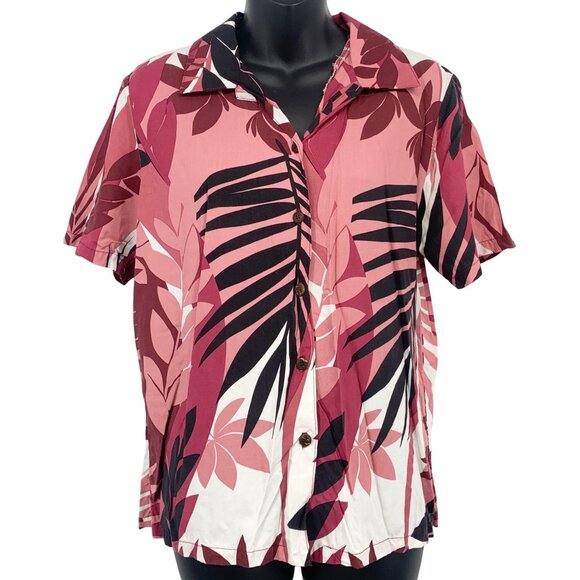 Iolani Vintage Hawaiian Shirt Red Pink Size Small S Palm Leaf Button Up Collar - Picture 1 of 6